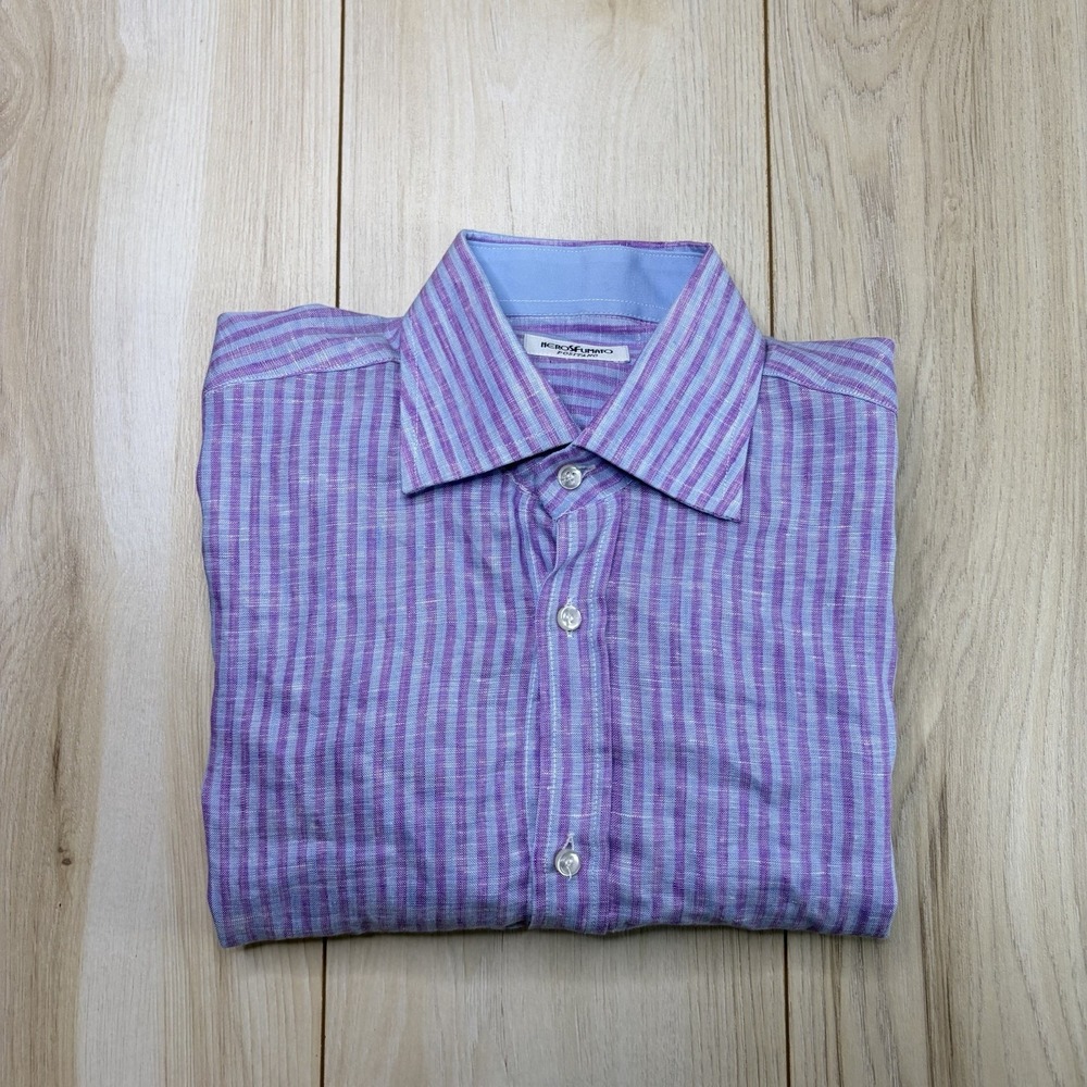 NeroSFumato Positano Men's Button Up Striped Dress Shirt 100% Linen Small Italy